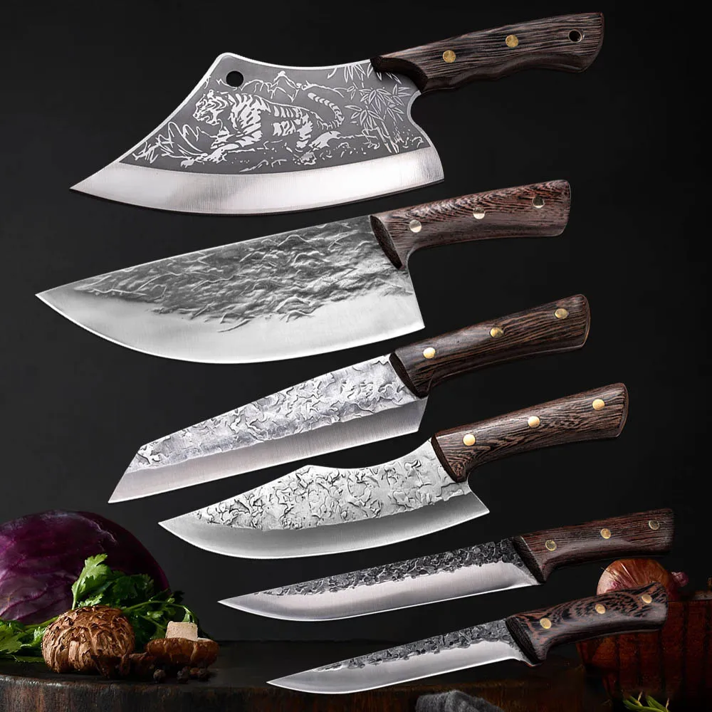 

Carbon Steel Hand Forged Kitchen Knives Wooden Handle Chinese Cleaver Slicing Knife Chef Traditional Cooking Boning Knives Tools