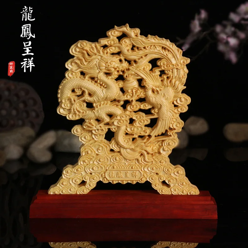 

Wood Carving Prosperity Brought by the Dragon and the Phoenix Decoration Double-Sided Hollow Root Carving Home Creative Solid