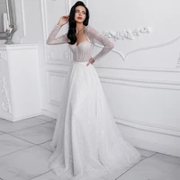wedding dress sparkly sequins tulle sweetheart a line glitter wedding gown long sleeves backless princess bridal dresses 2022