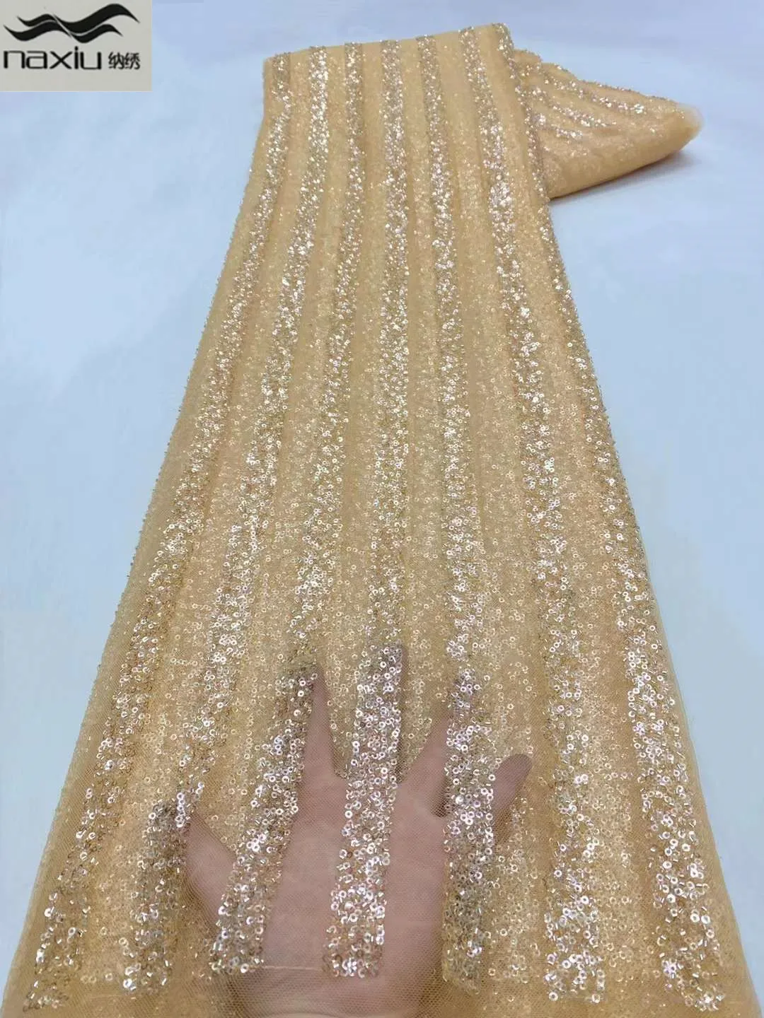 

Madison Good Quality Sequin Lace Fabric Beaded Lace Fabric Nigeria Net Lace for Wedding Party African French Tulle Lace Fabric