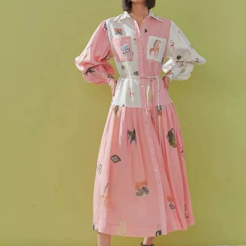 

Women Vintage 2022 Summer Autumn Top Quality Cartoon Print White Pink Spliced Loose Mid-calf Classical Shirt Dresses with Belt