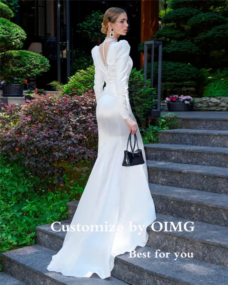 OIMG High Neck Shiny Beads Mermaid Wedding Dresses Puff Long Sleeves Stretch Satin Bridal Gowns Women White Elegant Formal Dress