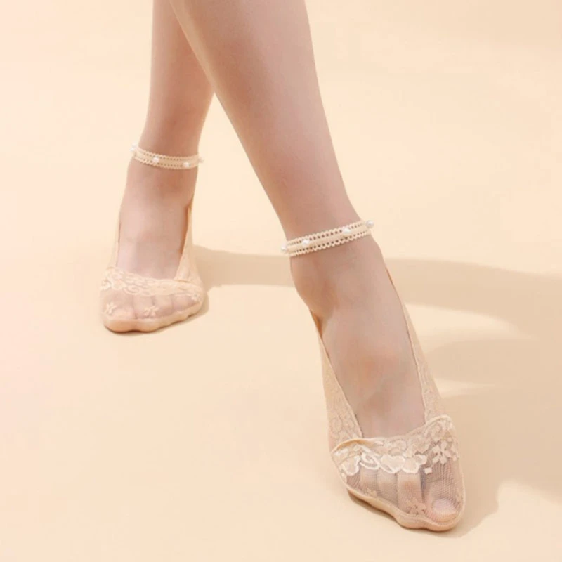 

Жемчужные кружевные носки, новинка, тонкие женские носки, кружевная лодка, тонкие дышащие чулки до щиколотки, милые сексуальные, с глубоким ...