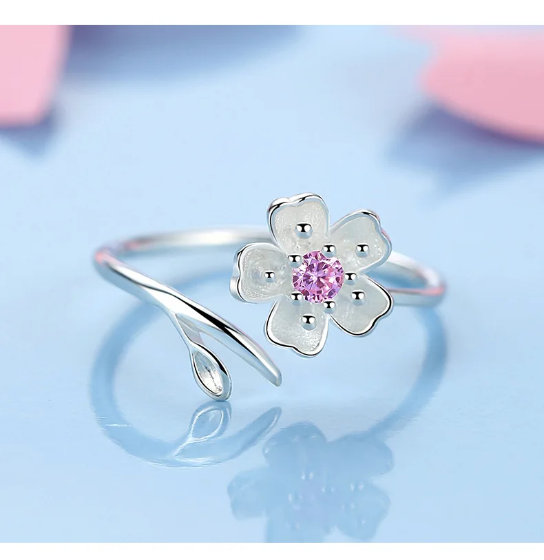 

Fashion 925 Sterling Silver Cherry Flower Ring Female Open Hipster Students' Index Finger Pink Crystal Peach Blossom Ring