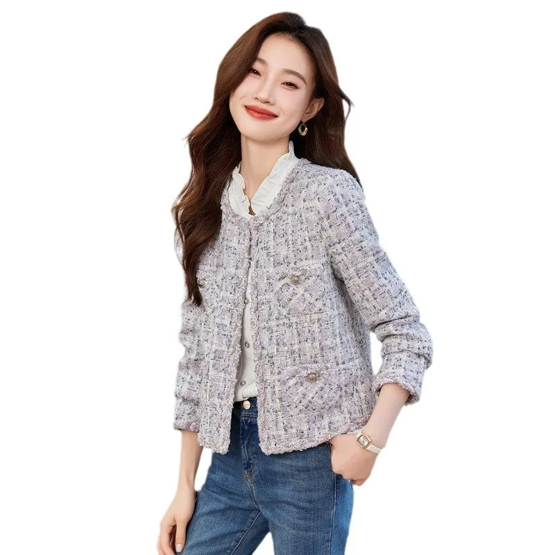 Фиолетовая женская короткая куртка из грубого твида с круглым вырезом новинка 2024