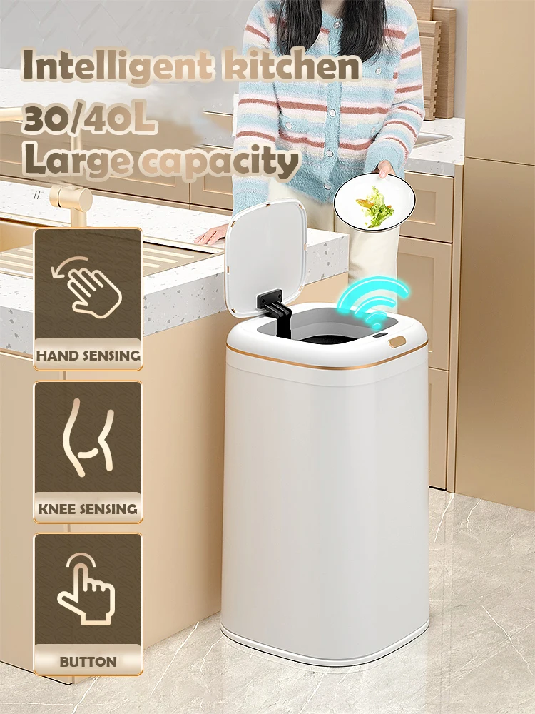 

35/40L Smart Trash Can Large Capacity Automatic Sensor Kitchen Food Waste Garbage Bin Barthroom Wastebasket Touchless Dustbin