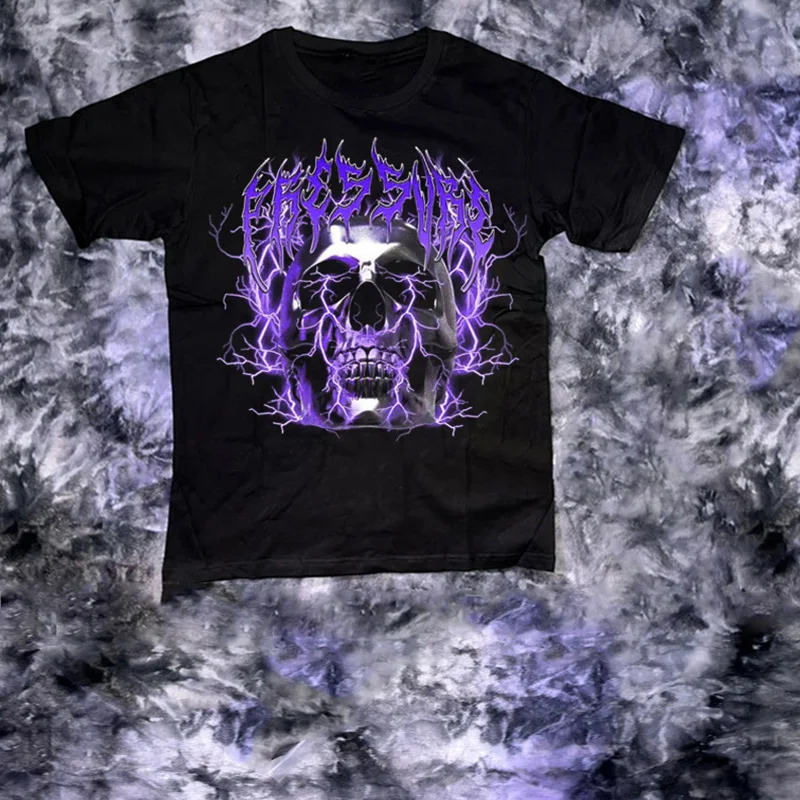 

Y2K Hip Hop Black Oversized Cotton T-Shirt Gothic Skull Purple Print Harajuku Retro Aesthetic Gothic Graphic Punk Clothes