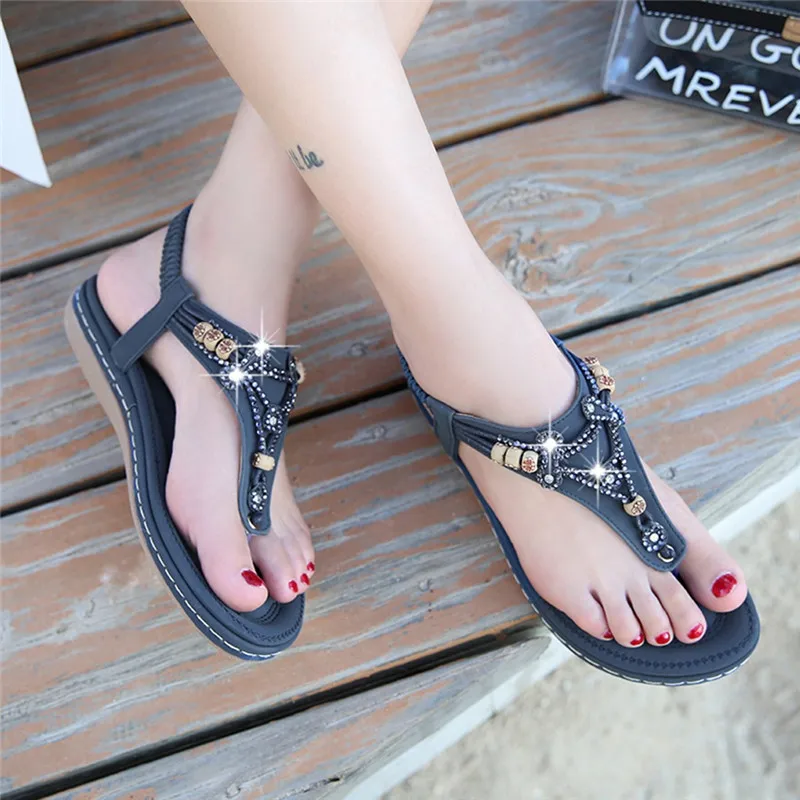 

Summer Women Sandals 2022 Flat Casual Shoes Bohemia Beaded Rhinestones Flip-Flop Sandalias Beach Ladies Sandal Chaussure Femme