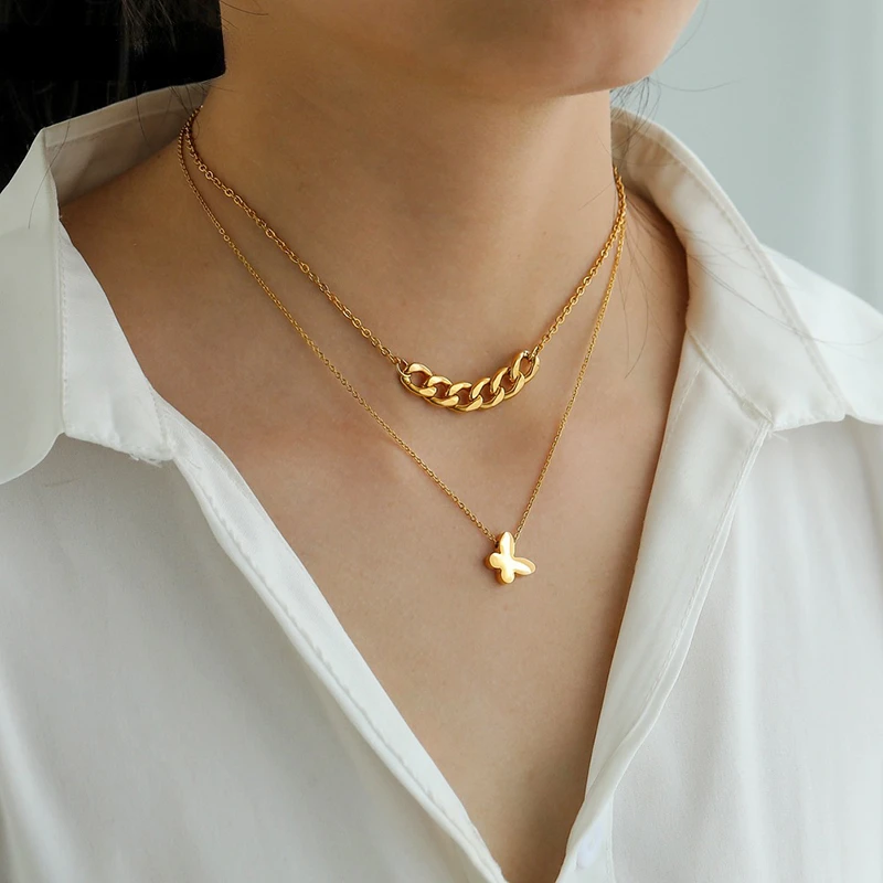 

DIEYURO 316L Stainless Steel INS Gold Double Hot Sale Fairy Shell Butterfly Pendant Clavicle Necklace Romantic Christmas Gift