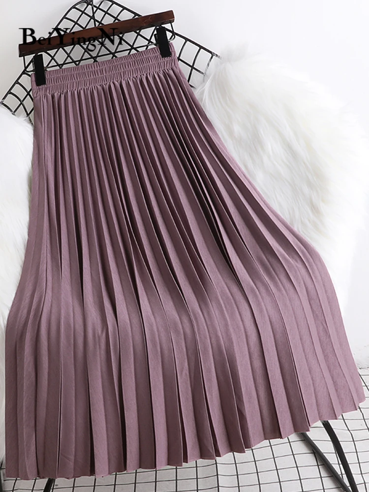 

Beiyingni Women Chic High-Waisted Skirt Korean Style Solid Color Casual Slim Pleated Midi Skirts Kawaii Long A-line Faldas Femme
