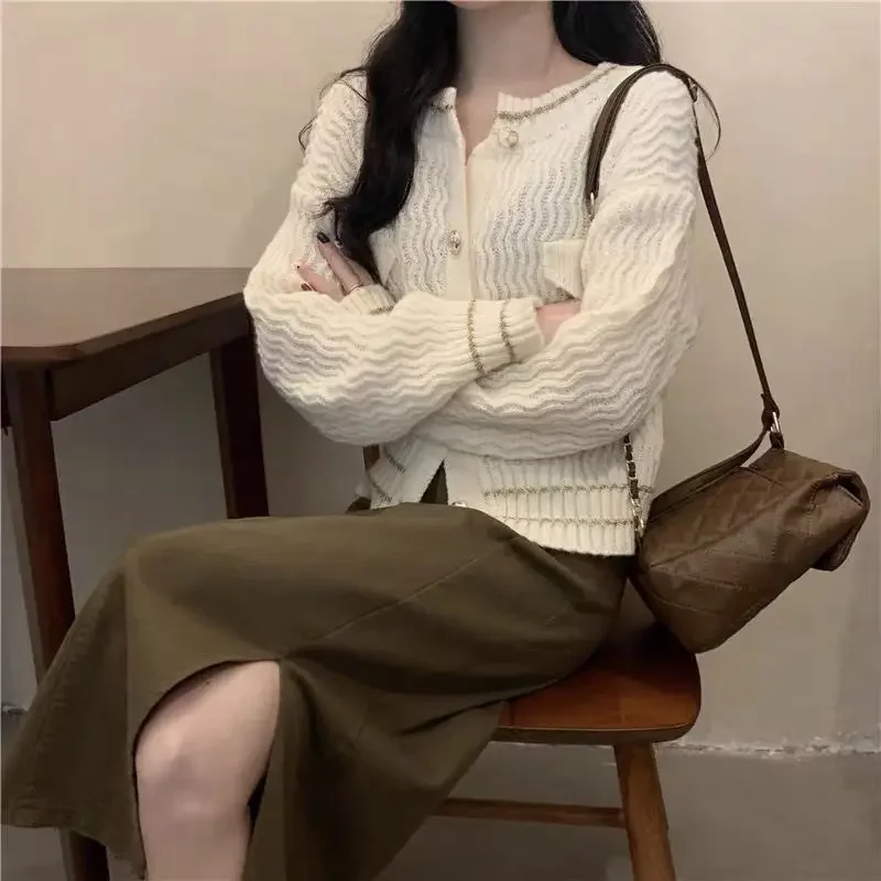 Элегантный твидовый стильный женский свитер осенний свободный вязаный кардиган