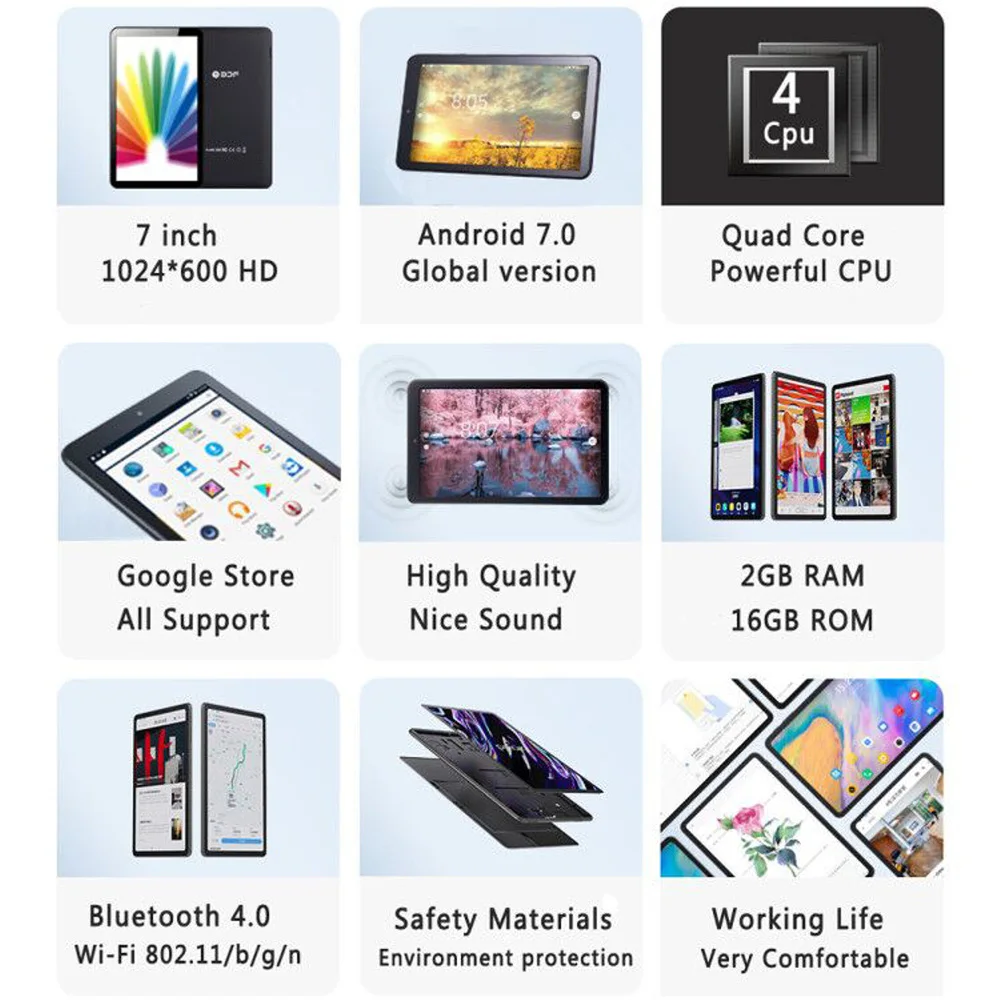 Новинка 7-дюймовые планшеты четырехъядерный Android 7 0 Google Play 2 ГБ/16 Гб WiFi Bluetooth