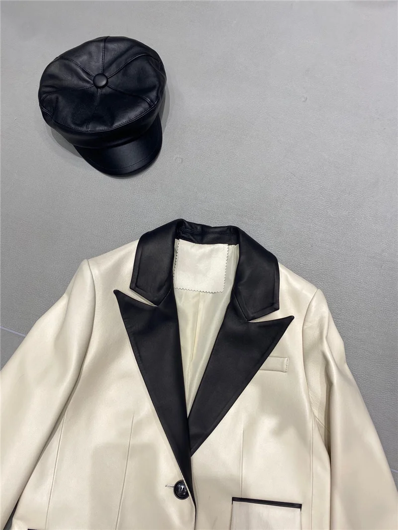 Women 100% real sheepskin black white jacket ladies autumn winter casual genuine leather suit blazer