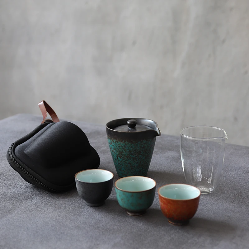 

Зеленый керамический чайник gaiwan с 3 чашками, портативная посуда для напитков