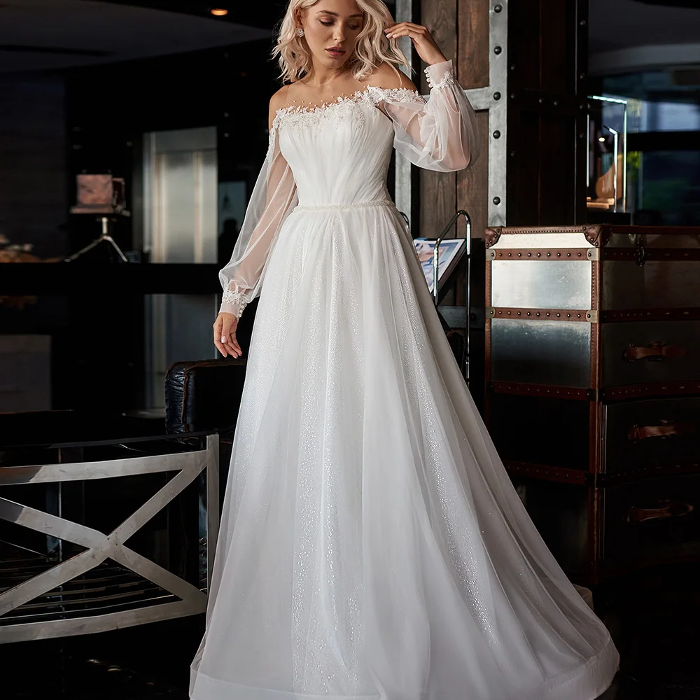 

Exquisite Bride Gowns Tulle O-Neck Lace Applique Beading Zipper Back Wedding Dresses Illusion Long Puff Sleeve Vestido De Noiva