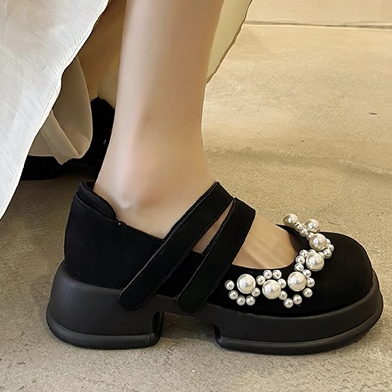 

Autumn Brand Pearl Lolita Mary Janes Women Flats Shoes 2022 New Fashion Party Thick Platform Ladies Black Oxford Shoes Zapatos