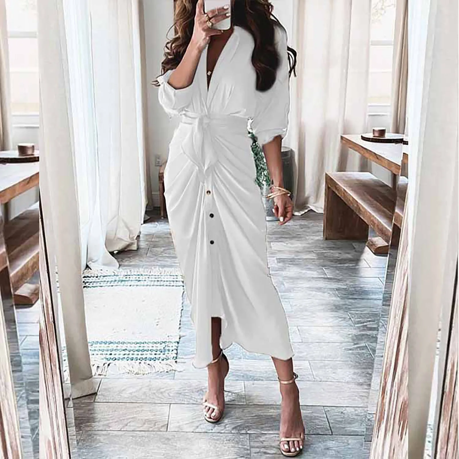 

Vintage Dress Women Summer Elegant Button Ruched Bandage Shirt Dress Fashion Casual Short Sleeve Solid V Neck Beach Maxi Dress