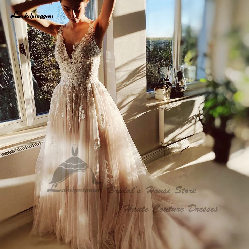 

Lakshmigown Princess Bridal Champagne Wedding Gowns Vestido De Noiva 2023 Puffy Tulle Long Boho Wedding Dresses Lace Appliques