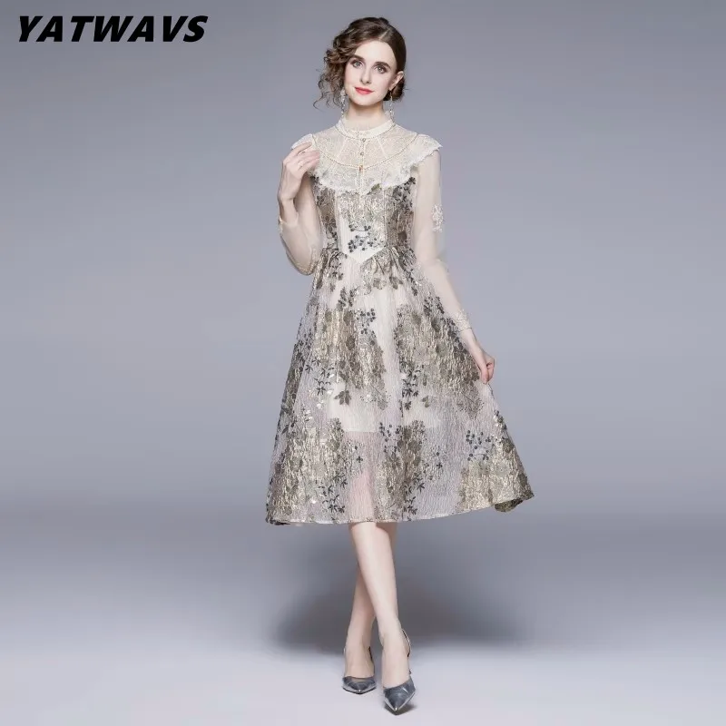 

Fashion Women's See Through Long Sleeve Mesh Patchwork Dresses Runway Stand Collar Ruffled Vintage Printing Midi Dress Femme
