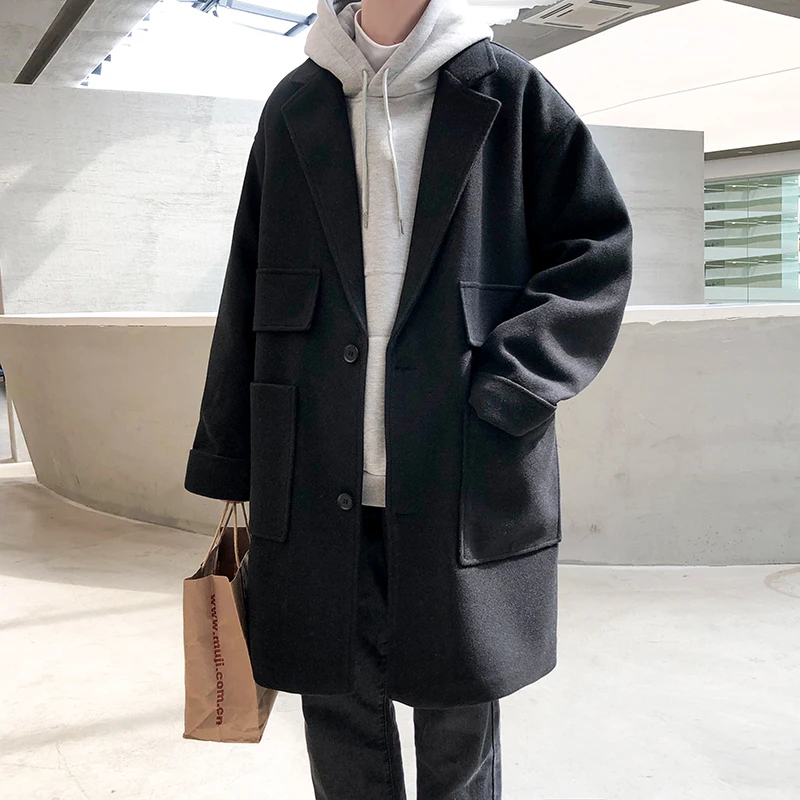 

Black Long Trench Coat Men Nice Over Coat Mens Thick Pockets Windbreaker Male Korean Vogue Harajuku Winter Jackets Streetwear