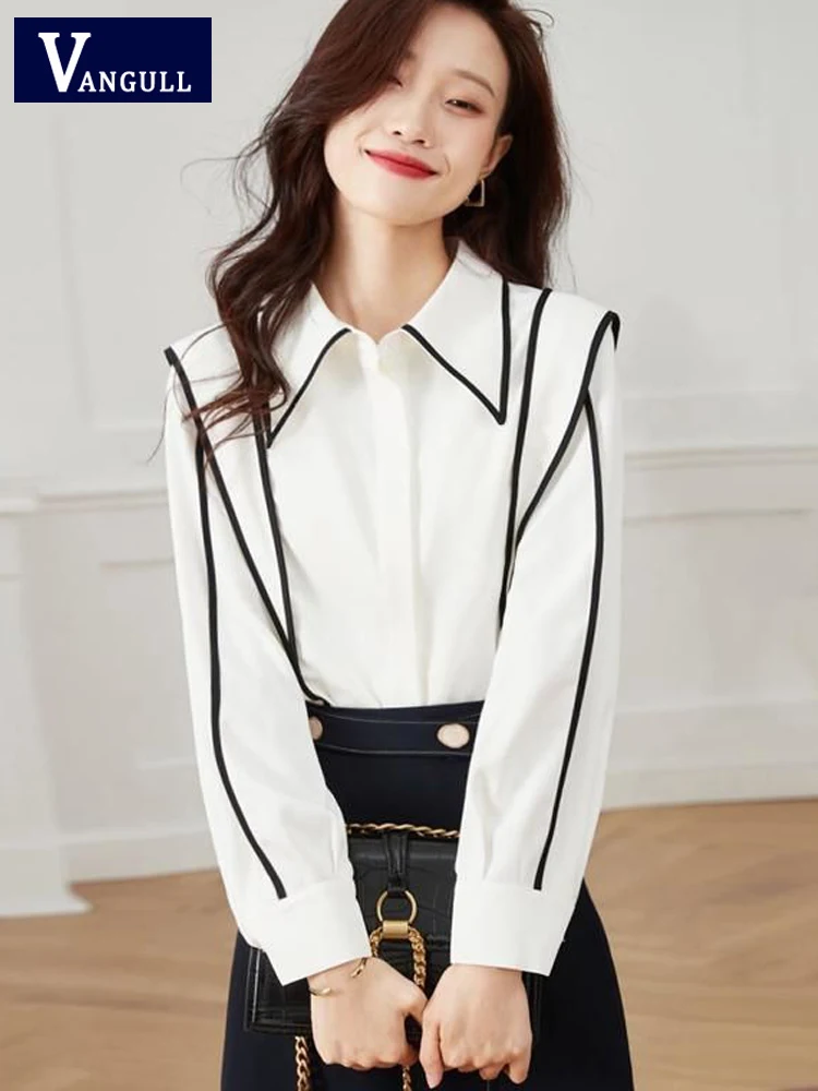 

Vangull Fashion Patchwork White Chiffon Shirt Women Turn-down Collar Long Sleeve Blouses Female Single Breasted Ladies Tops