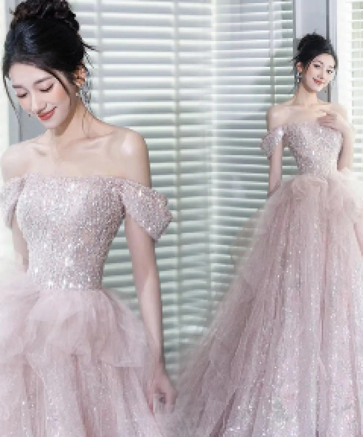 Розовое свадебное платье невесты с блестками длинная юбка рыбьим хвостом