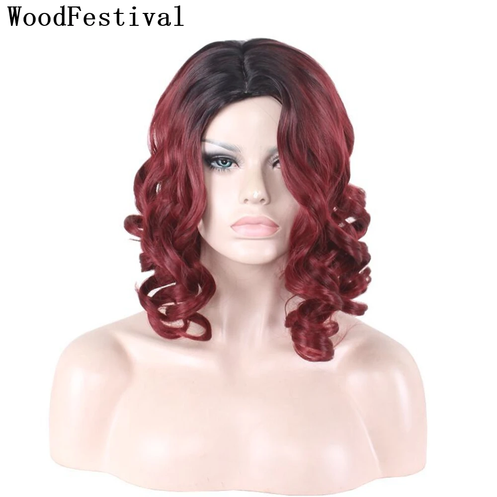 

WoodFestival Synthetic Hair Party Cosplay Short Halloween Wigs For Women Ombre Curly Wig Black Burgundy Green