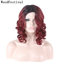 woodfestival synthetic hair cosplay short wigs women ombre wig for party black burgundy green curly high temperature fiber