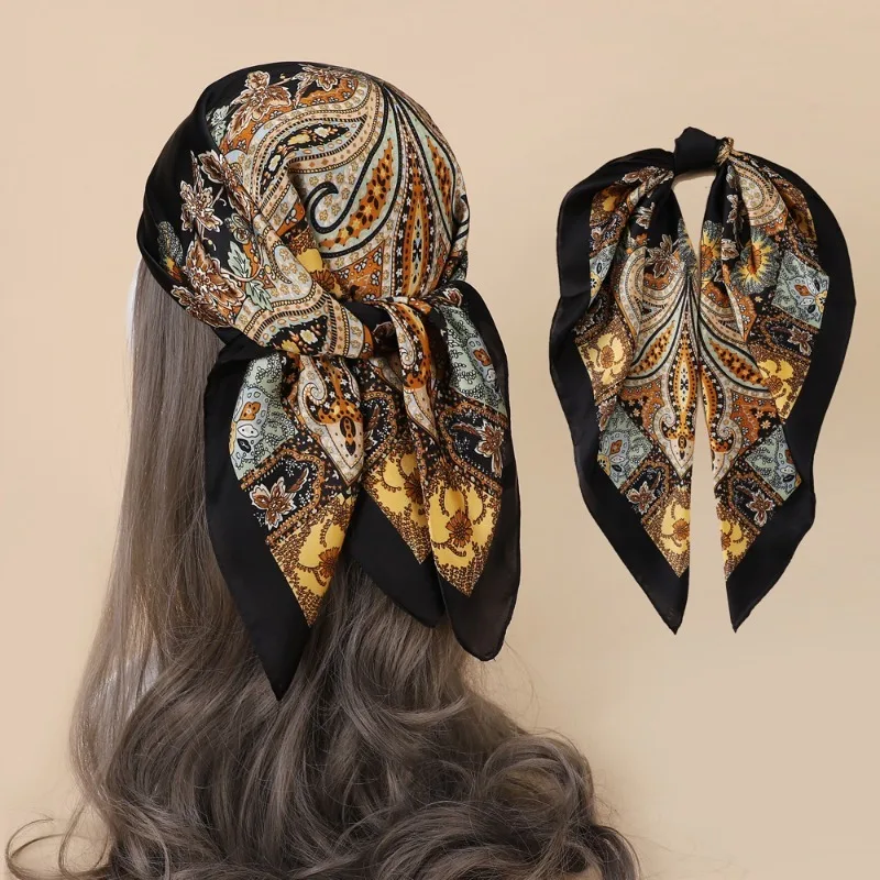 Женская Винтажная Шелковая Повязка На Голову Черное Золото Квадратный Шарф С