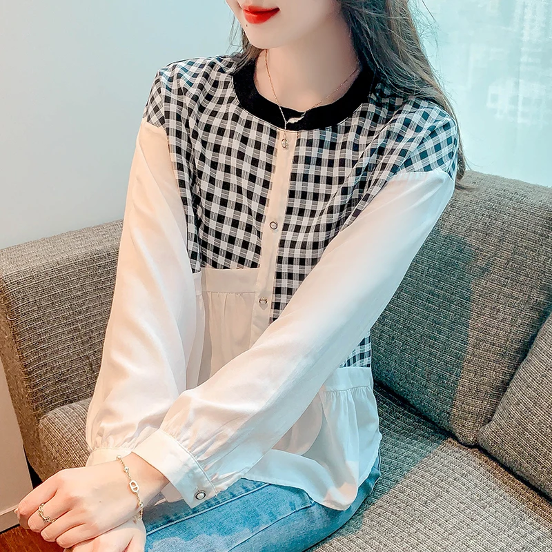 

Chiffon Women's Shirt Summer 2023 New Plaid Blouses Loose Patchwork Long Sleeve Top O-neck Ladies Casual Clothing YCMYUNYAN