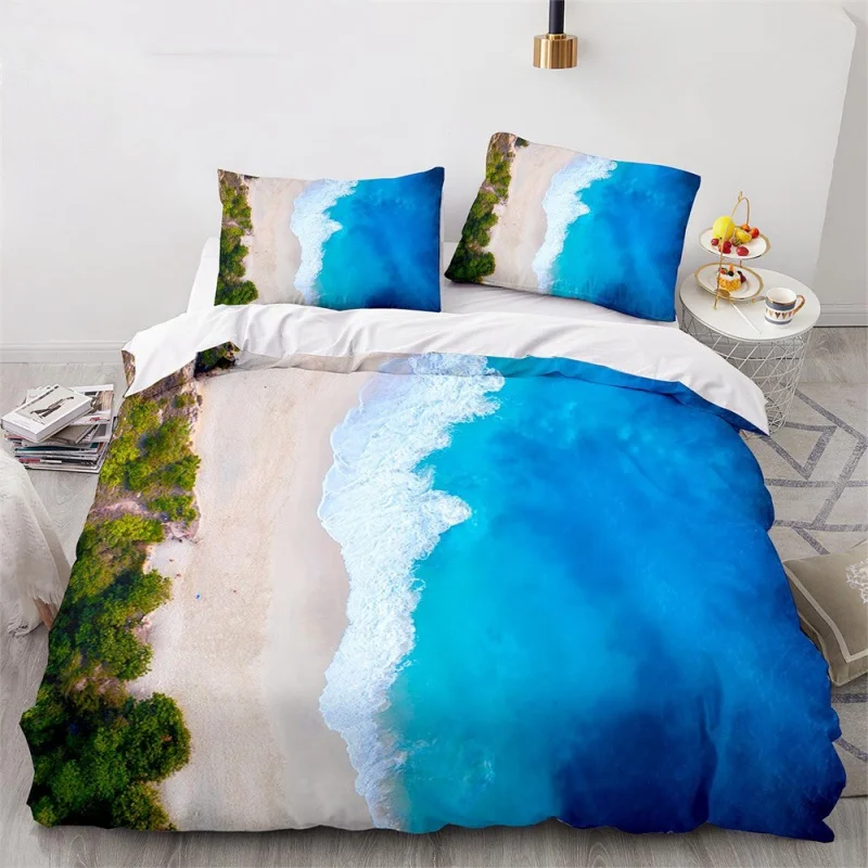 

Пододеяльник синего цвета для пляжа, летнее пляжное украшение, Комплект постельного белья в гавайском стиле с волнами, из полиэстера, Тропическое одеяло с пальмами, природа, море