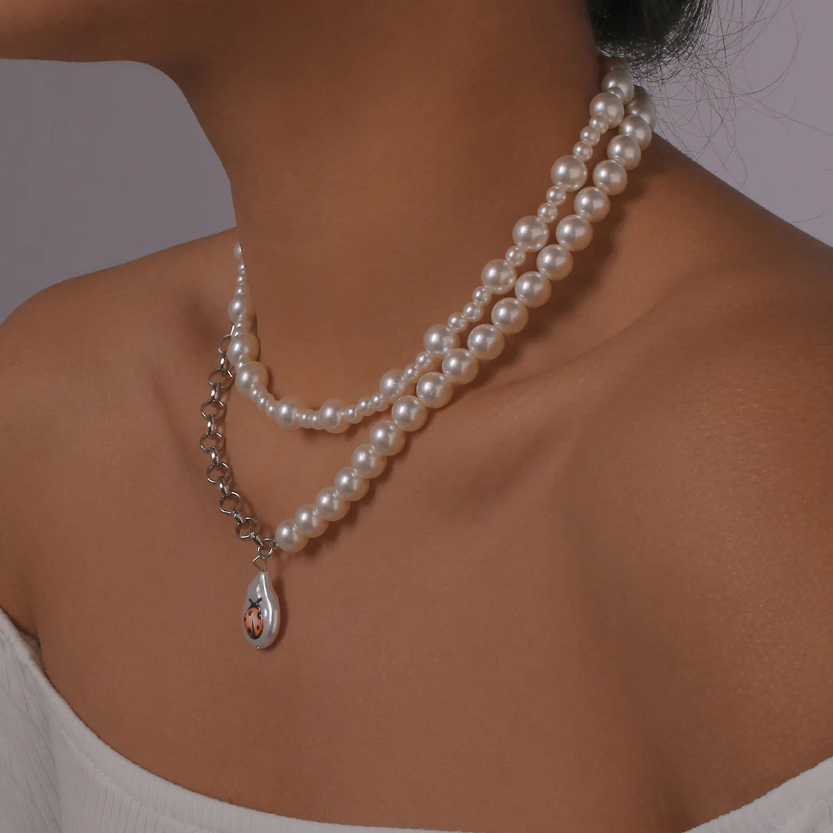 Online Celebrity Necklace Splicing Pearl Cute Dropping Oil Necklace Atmospheric Elegant Geometric Necklace