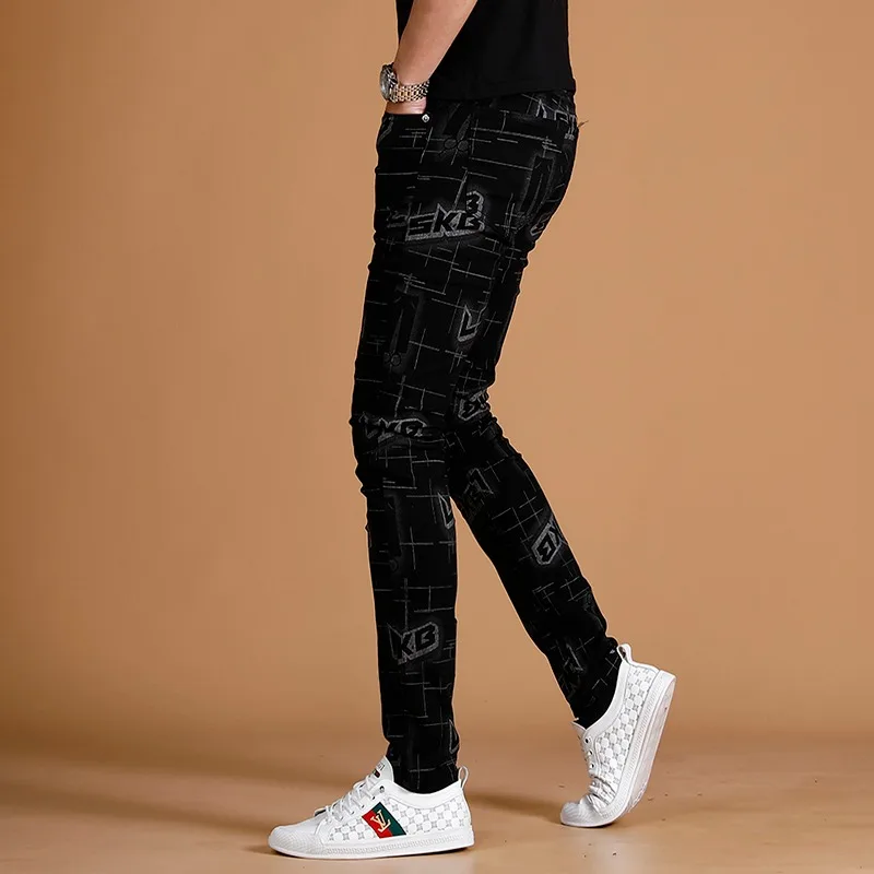 Black Jeans Men 2023 Summer Fashion Letter Printed Pants Streetwear Casual Straight Slim Fit Denim Trousers