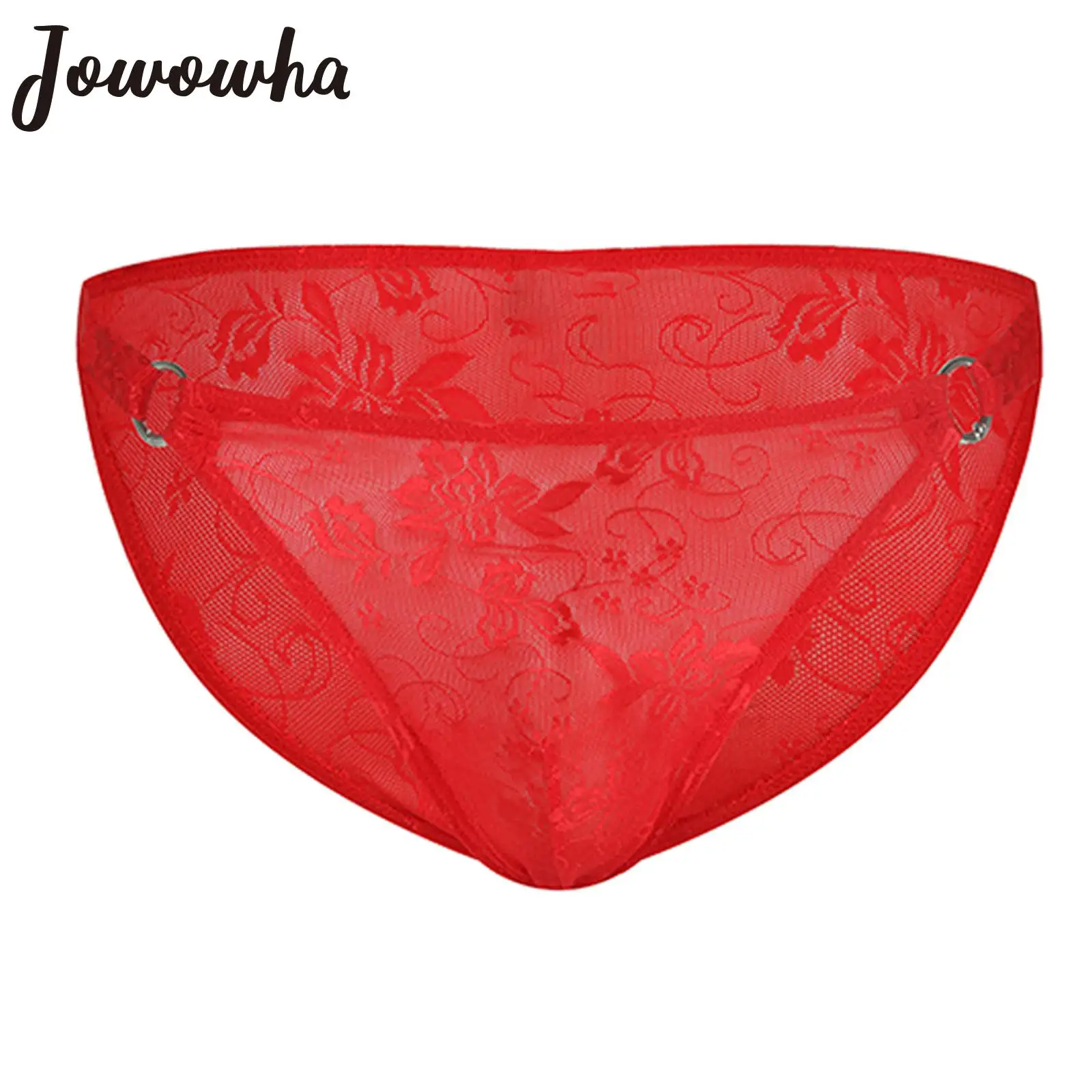 

Mens Sexy See-Through Floral Lace Cross-Dresser Briefs Bulge Pouch O Ring Elastic Waistband Underpants Sissy Panties Underwear
