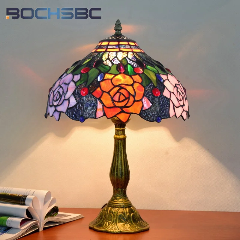 

BOCHSBC цветное стекло Тиффани Американский пасторальный стиль Роза настольная лампа креативный Декор Бар гостиная спальня кровать стеклянная Рабочая лампа