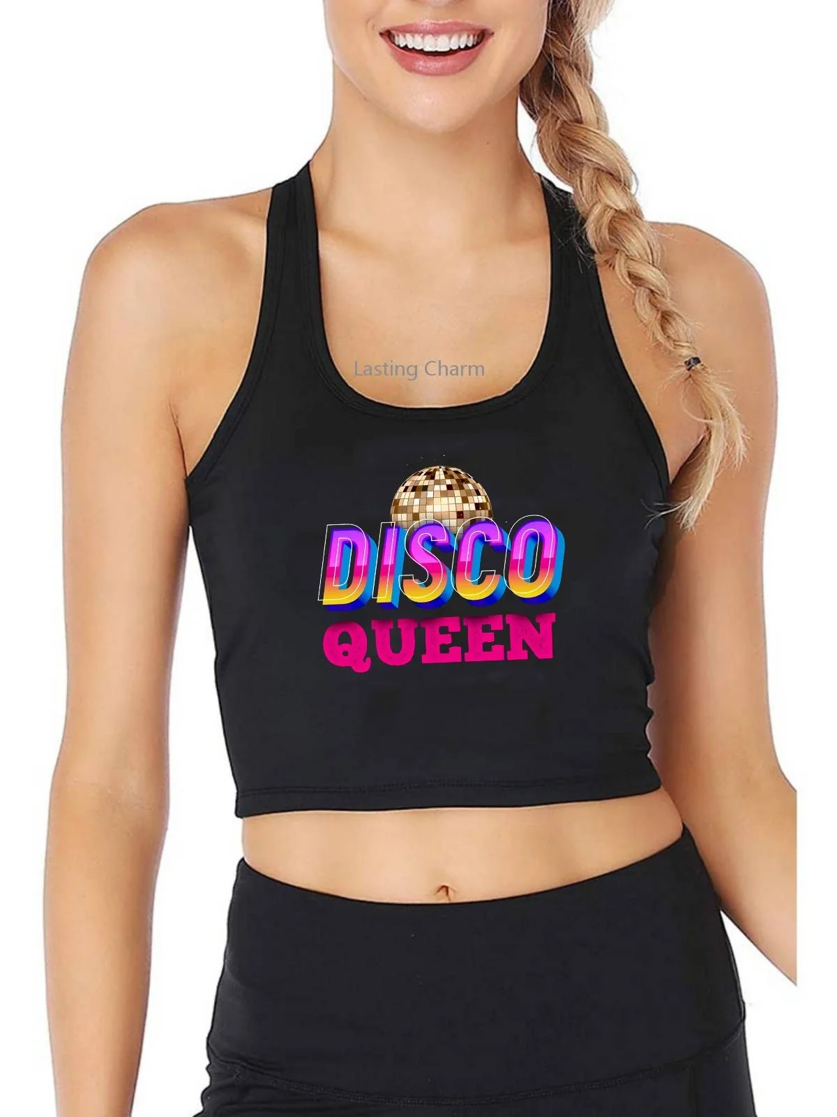 

Disco Queen Retro 70's 80's Dance Club Design Breathable Slim Fit Tank Top Women's Yoga Sports Training Crop Tops