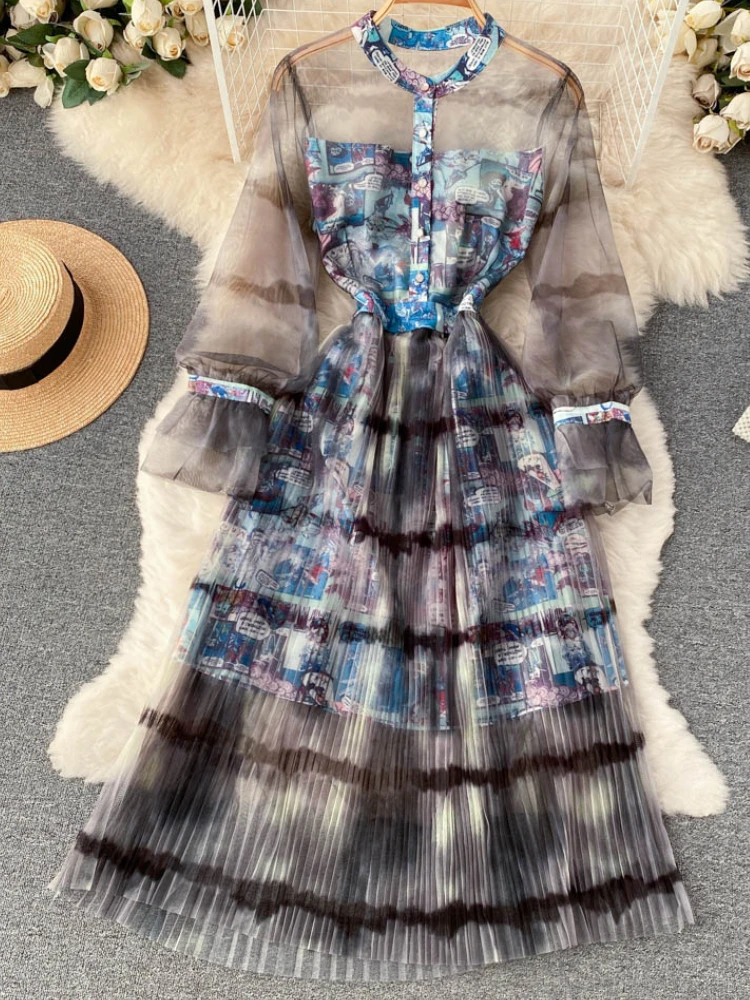 

French Elegant Pleated Women Autumn Party Midi Dress Casual Mesh Vintage A-Line Fashion Birthday Vestidos Femme Robe Clothings