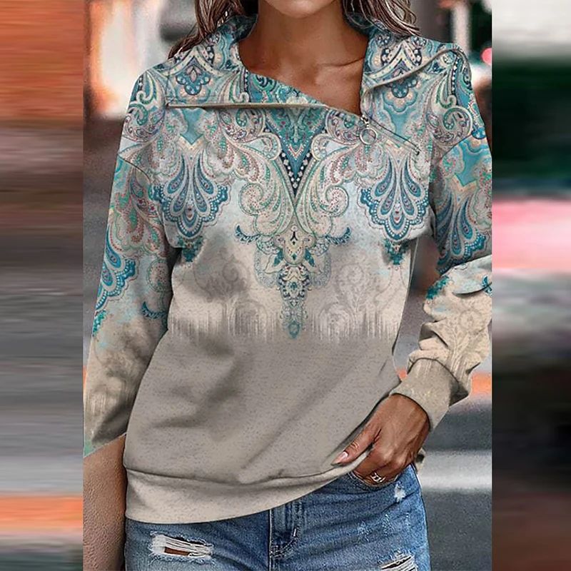 

Women Sweatshirt Casual Skew Collar Zipper Long Sleeve Shirt Tops Spring Autumn Print Female Blusa Blouse Pullover Streetwears