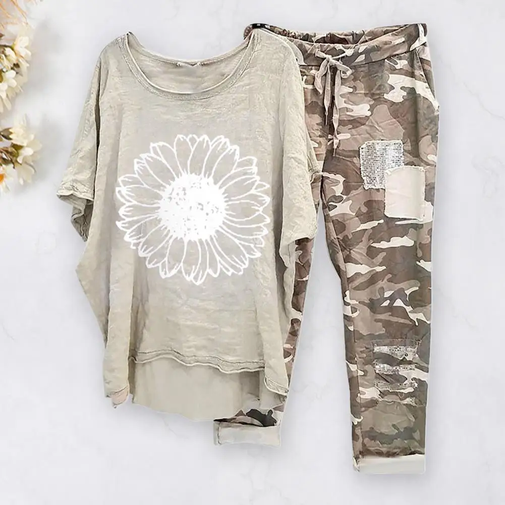 

2 Pcs/Set Fashionable Drawstring Women T-shirt Pants Set Half Sleeves Irregular Hem Summer T-shirt Pants Set Daily Wear