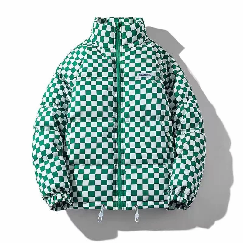 

Men's Winter Warm Plaid Print Puffer Jacket Unisex Short Bubble Coat Streetwear Oversize Cotton Padded Parka Thick Bomber Jacket