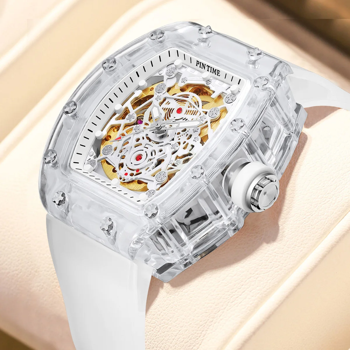 

PINTIME Sport Watch Luxury Men Automatic Mechanical Watches Hollow Dial Transparent Case Tonneau Clock Hombre Relogio Masculino