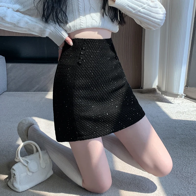 2024 блестящая шелковая шерстяная юбка для женщин осень и зима тонкие короткие