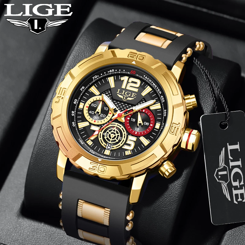 Фото Мужские кварцевые часы LIGE Fashion Outdoor с HD-дисплеем, светящимся циферблатом, водонепроницаемые, с календарем, на силиконовом ремешке, для мужчин, повседневные, спортивные, военные часы №1