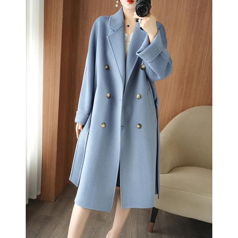

Женское двухстороннее шерстяное пальто, длинное Свободное пальто выше колена, Корейская версия, Осень-зима 2023