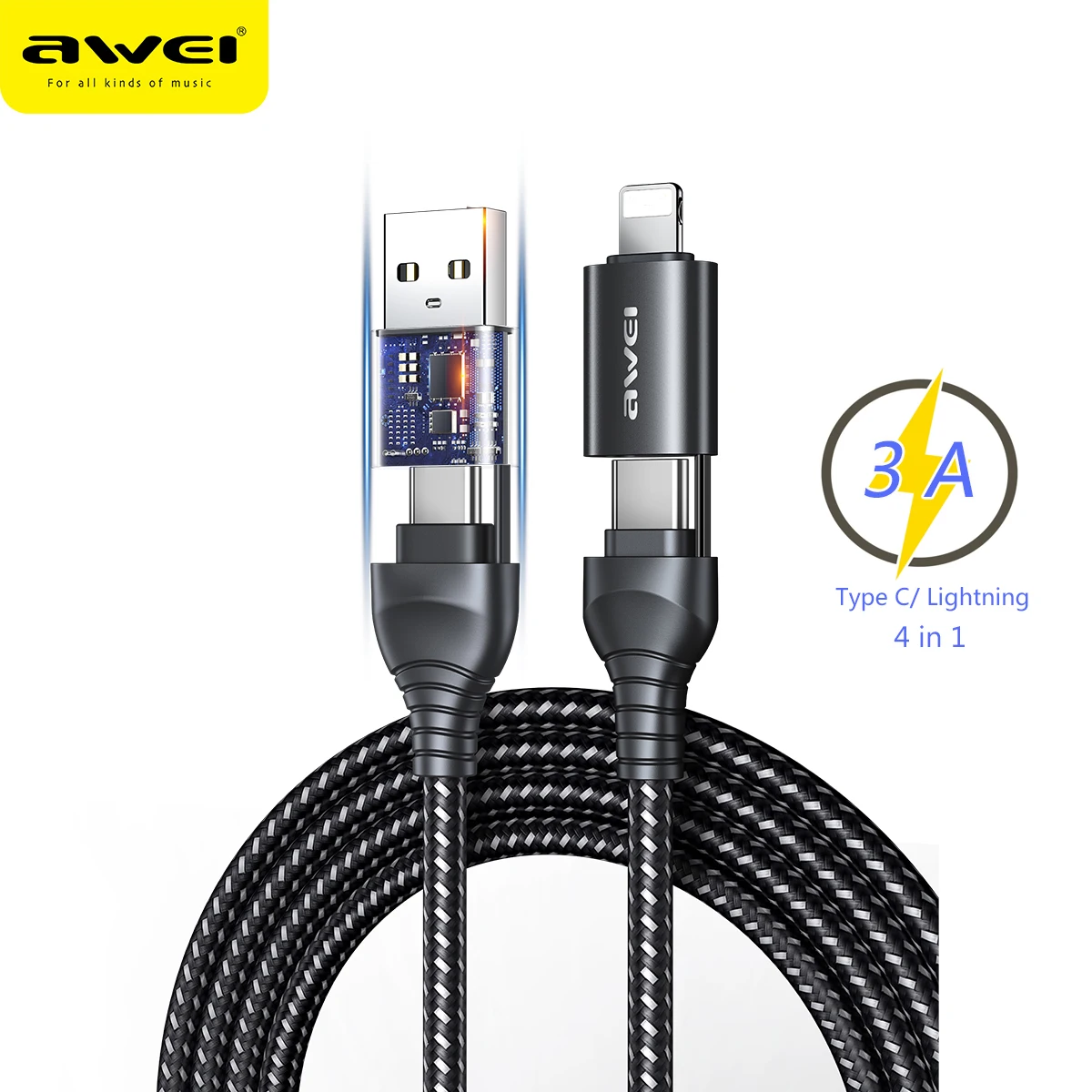 

Awei Brands 4 in 1 USB Type C Cable for iPhone 14 13 12 XiaoMi Huawei 3A Data Cord 60W Fast Charging Cable Data Transmission1.2M