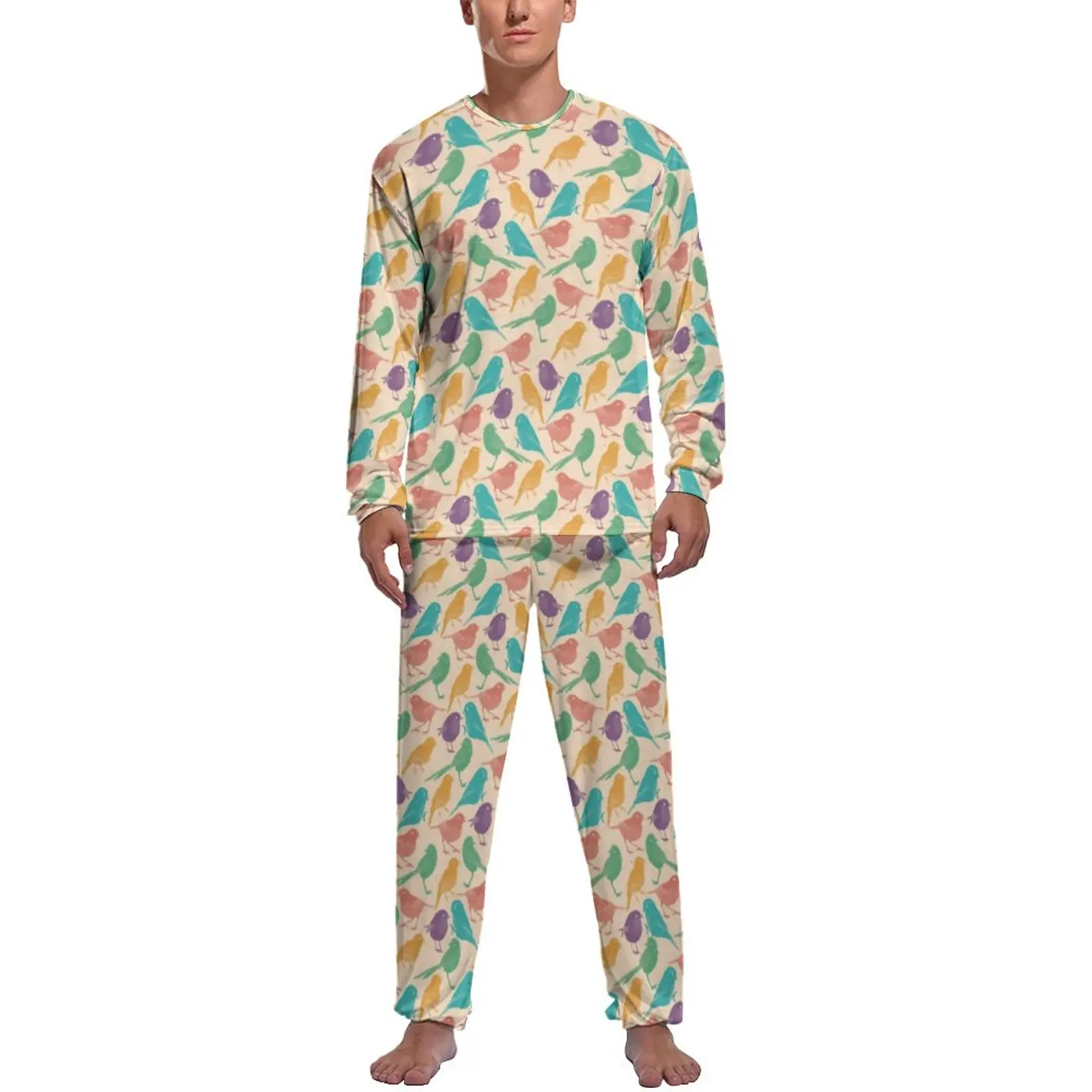 Colorful Little Birds Pajamas Cute Animal Print Men Long Sleeve Kawaii Pajamas Set 2 Pieces Leisure Daily Design Nightwear Gift