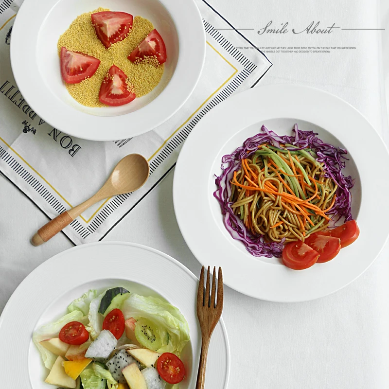

European Style Italian Pasta Dish Creative Western Food Plate Ceramic Breakfast Fruit Salad Plate round Pure White Plate Western