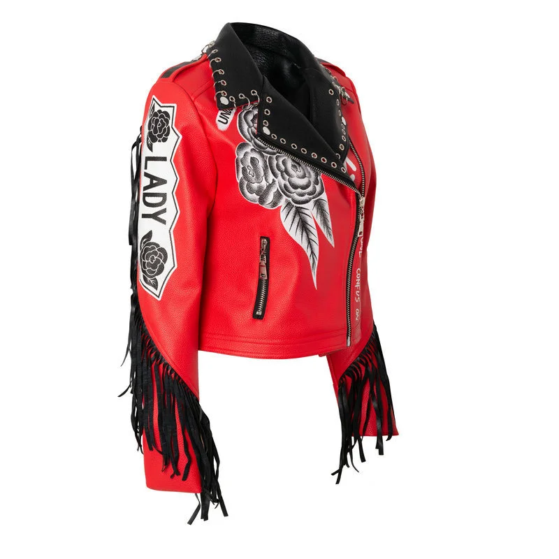 ZURICHOUSE Chic Red PU Leather Hit Color Print Tassel Jacket Women Slim Short Streetwear Motorcycle Faux Leather Coat Mujer