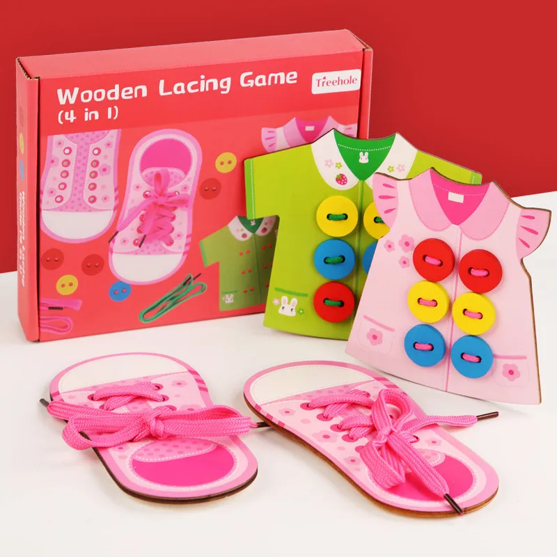 4 in 1 Montessori DIY Handmade Threading Beads Lacing Game Art and Crafts Early Educational Stringing Toy for Baby Children