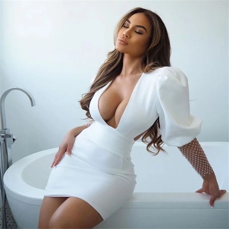 

Sexy Halter V-neck Mesh Diamond Bag Hip Skirt Sexy Halter Dress Women Puff Sleeve Mini Dress Women Fashion Summer Party Vestidos